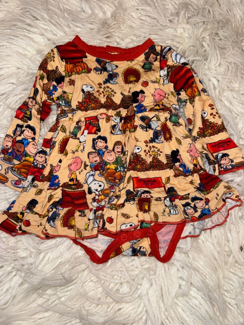 Peanuts Thanksgiving Baby Dress Bodysuit - Orange Trim